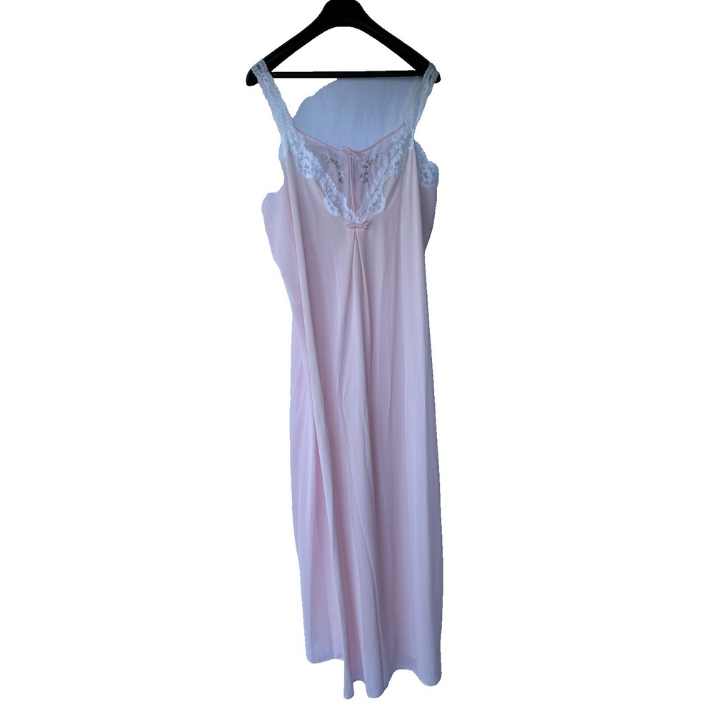 VTG 70s 80s Sears Pink Nightgown L Pastel Coquette Lace Floral Embroidered Maxi